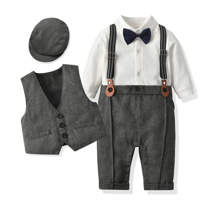 Full view of baby gentleman romper outfit, vest & hat, suitable for baby boy 0-24 months.