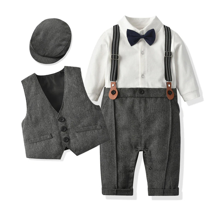 Full view of baby gentleman romper outfit, vest & hat, suitable for baby boy 0-24 months.