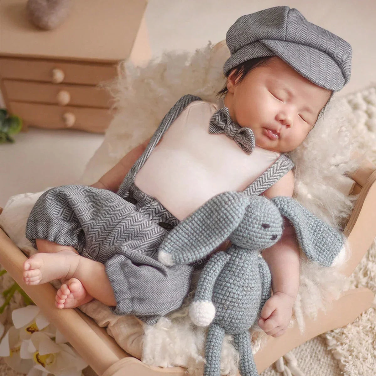 Baby boy gentleman photography outfit set with bow tie and suspender pants, infant photo prop