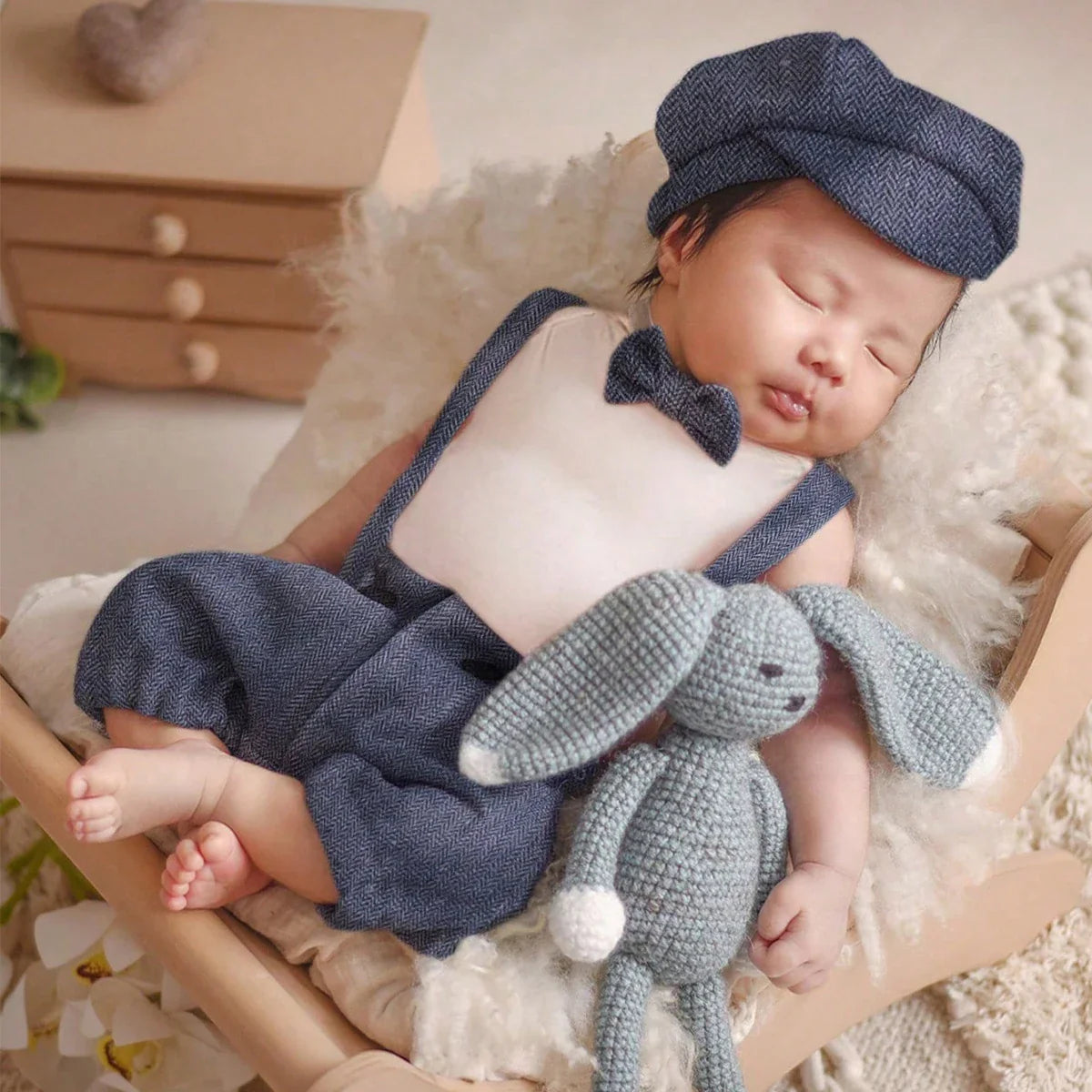 Newborn photography outfit: baby boy gentleman suit with plaid bow tie for photo shoot