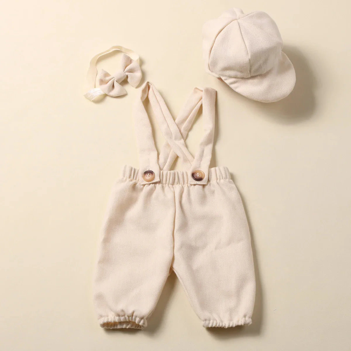 Infant photo prop: baby boy suspender pants and bow tie for a gentleman look