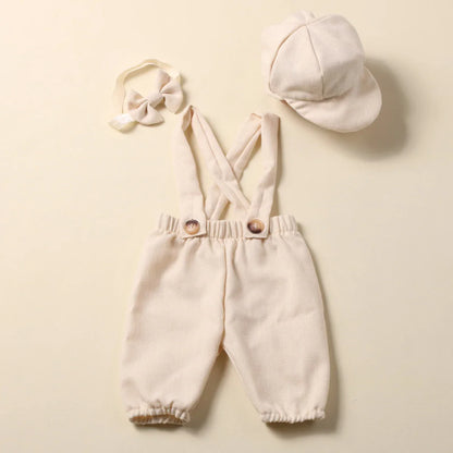 Infant photo prop: baby boy suspender pants and bow tie for a gentleman look