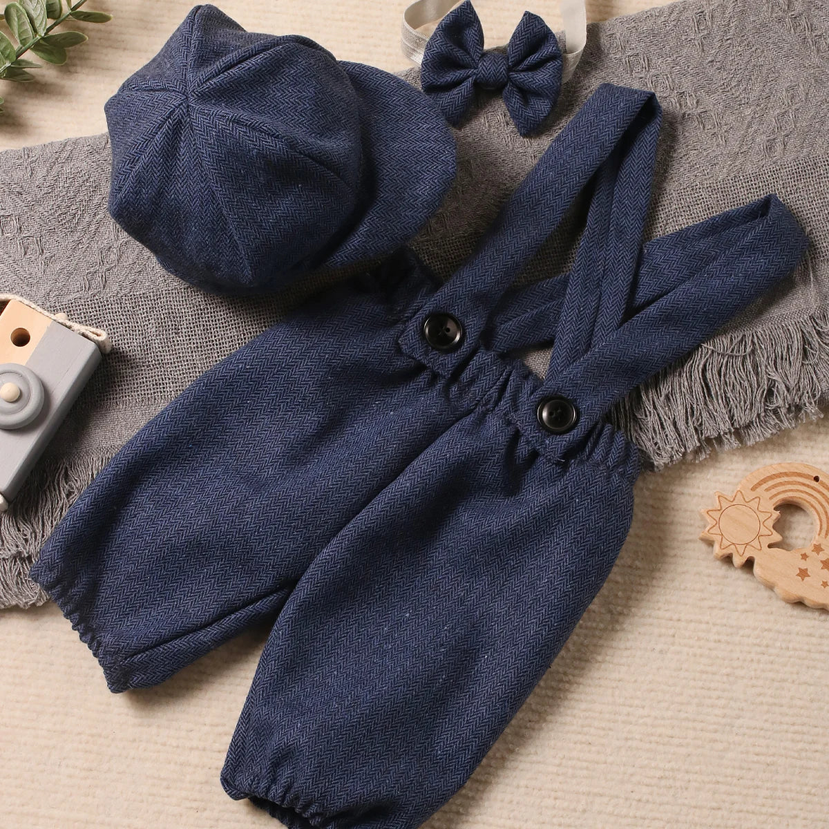 Full view of baby boy gentleman photography outfit, ideal for infant photo prop sessions