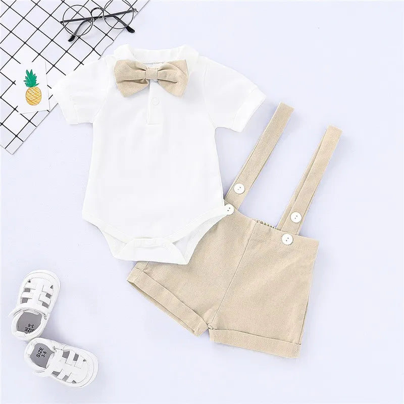 Baby boy gentleman romper, white shirt, navy shorts, plaid bow tie, suspenders, newborn-24 months