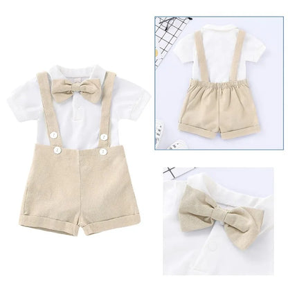 Back view of a baby boy gentleman romper, demonstrating the secure suspender attachment and comfortable fit