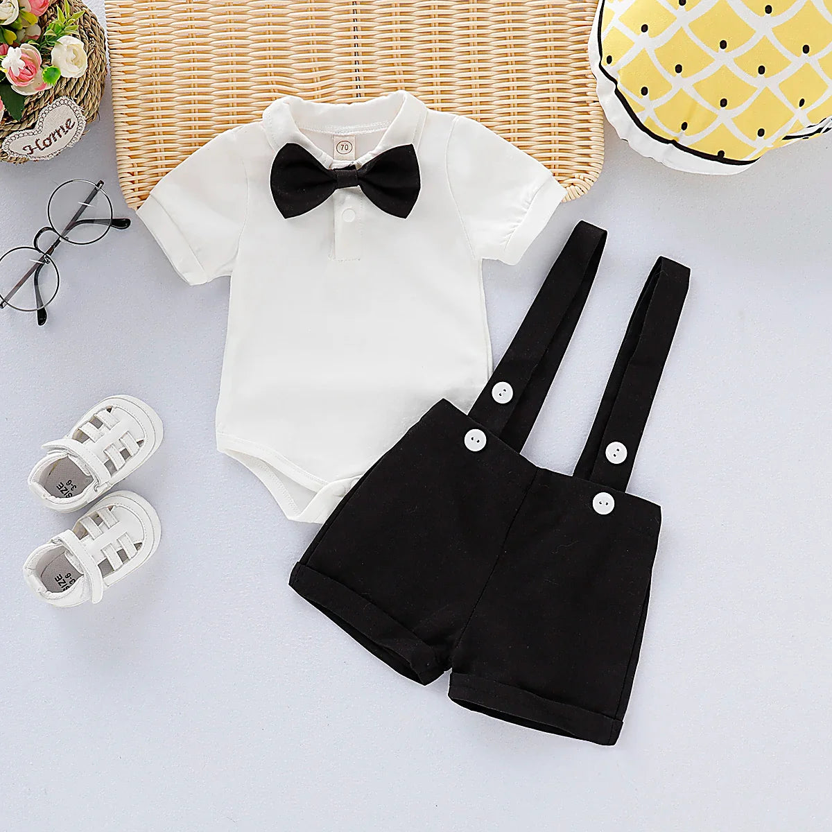 Baby boy gentleman romper with elasticated shorts for maximum comfort and freedom of movement