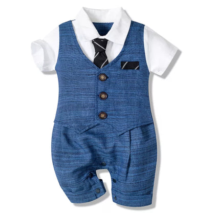 Baby boy gentleman romper, white, with an attached navy tie, perfect for summer formal wear.