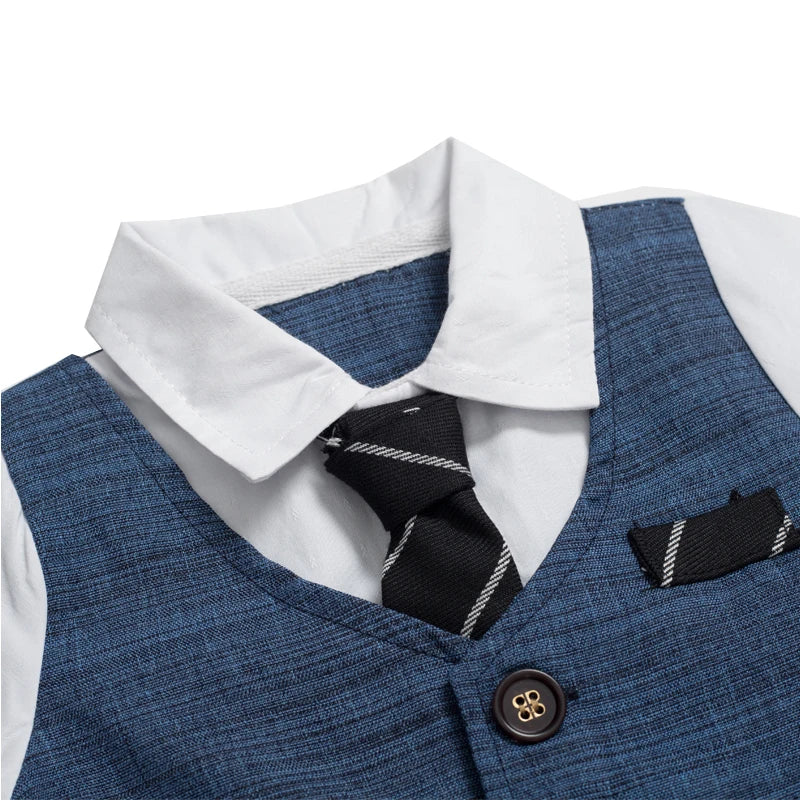Baby boy's formal jumpsuit with an attached tie, made from soft, high-quality cotton for comfort.