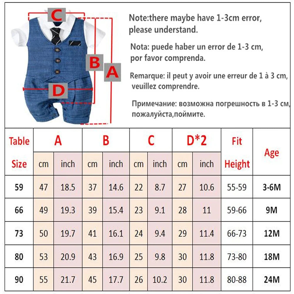 Cotton short-sleeve romper for baby boys, designed as a gentleman's outfit with a cute tie.