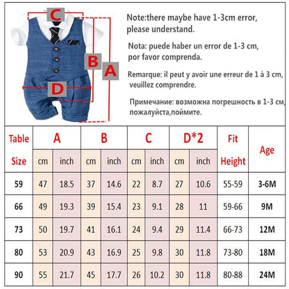 Cotton short-sleeve romper for baby boys, designed as a gentleman's outfit with a cute tie.