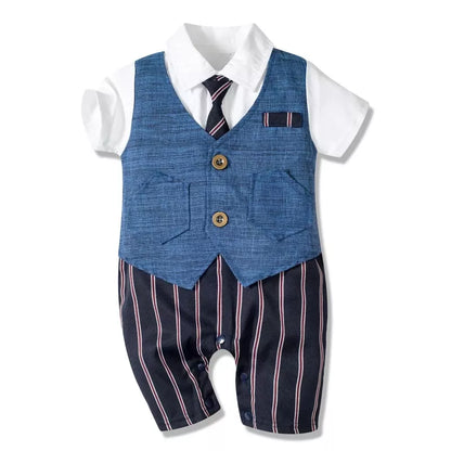 Gentleman style baby boy romper in breathable cotton, featuring a smart collar and matching tie.