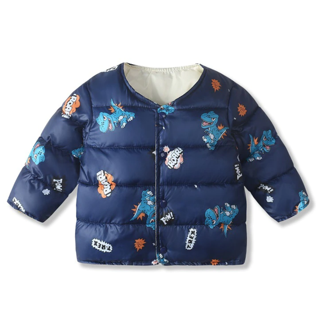Baby boy in a blue dinosaur parka, warm winter jacket for toddlers, front view