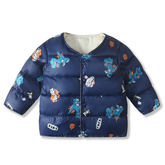 Baby boy in a blue dinosaur parka, warm winter jacket for toddlers, front view