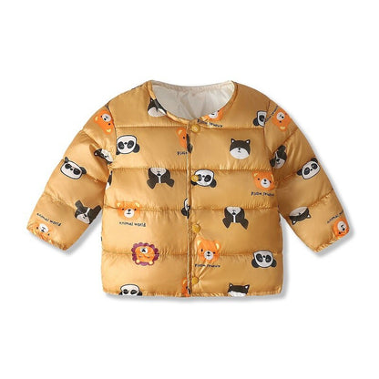 Back view of a baby's dinosaur winter parka, warm jacket with playful spikes