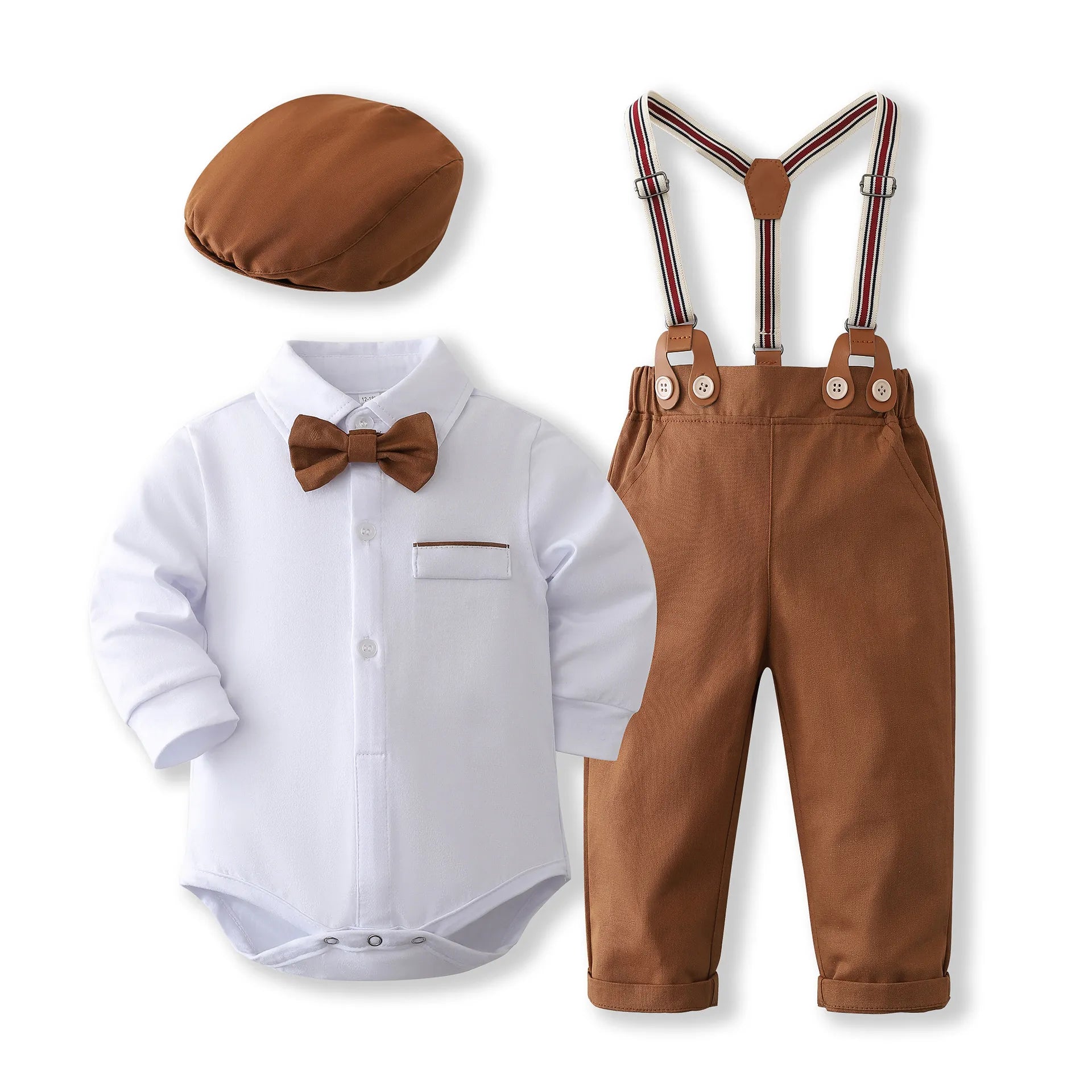 Baby boy in a gray bear ear romper and matching pants, super soft combed cotton for newborns