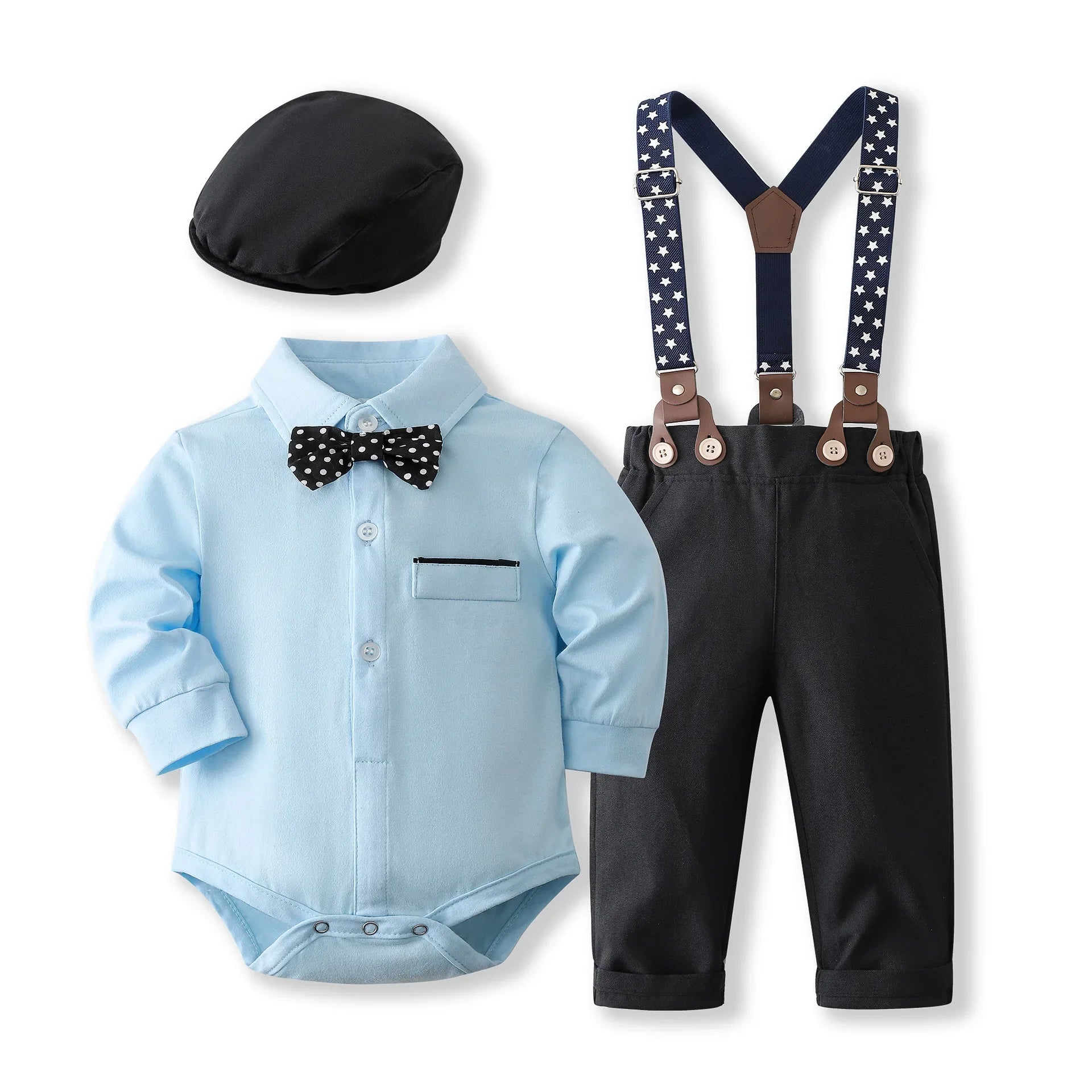 Baby boy wearing a hooded bear ear romper with snap buttons, paired with matching cotton pants
