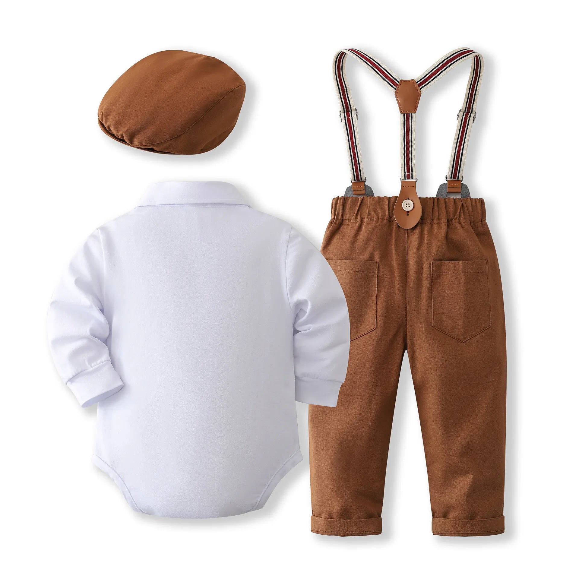 Cute infant boy wearing a cozy bear ear romper and casual pants, perfect two-piece outfit