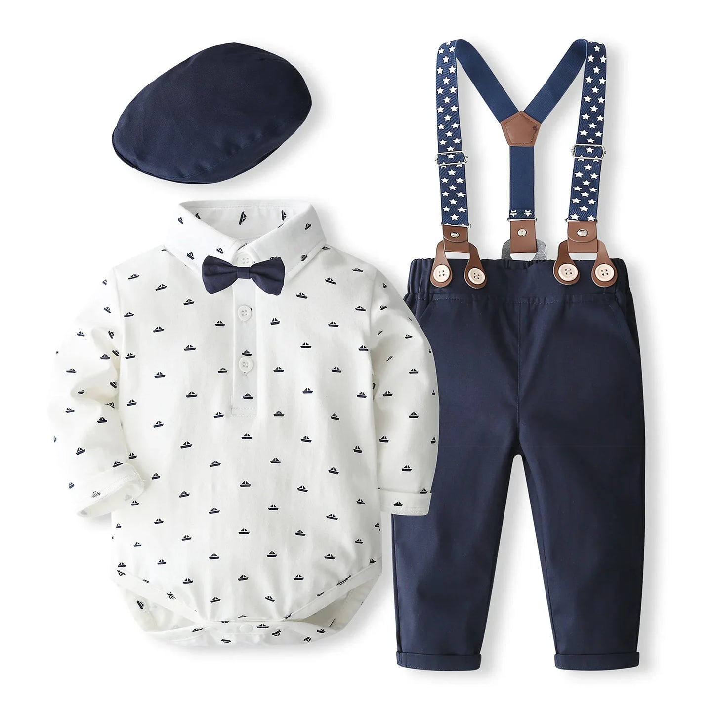 Close-up of a baby boy wearing a gray bear ear romper, highlighting the soft cotton fabric