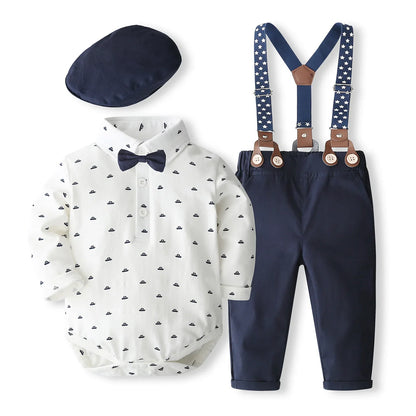 Close-up of a baby boy wearing a gray bear ear romper, highlighting the soft cotton fabric