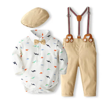 Full view of a baby boy in a charming bear ear romper and comfortable pants, casual style
