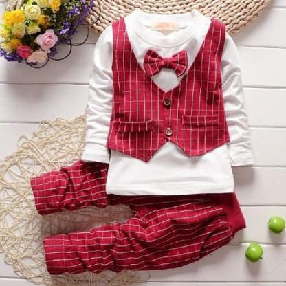 Baby boy in a red cotton blend formal vest and pants set, perfect for toddler special occasions.