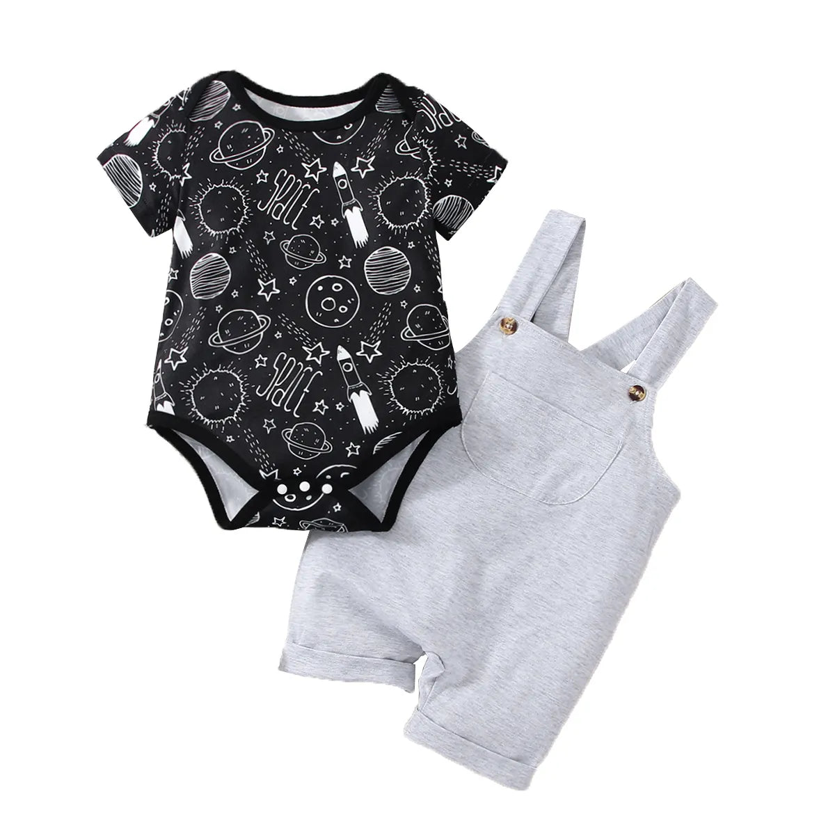 Baby boy fashion: adorable infant in blue astronaut playsuit, perfect for playtime
