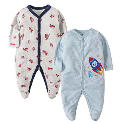Baby boy in blue cotton long sleeve jumpsuit with white collar, part of a 2-piece infant outfit set