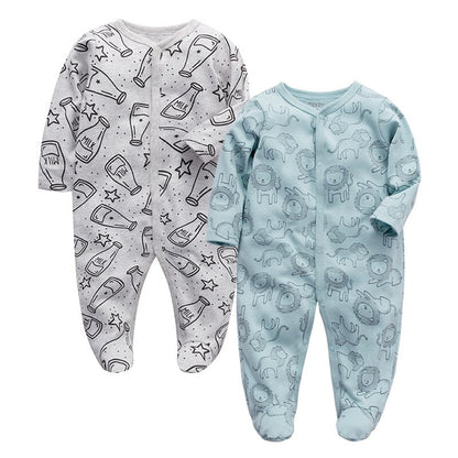 Full length image of a baby boy's 2-piece set, featuring a blue long sleeve cotton jumpsuit