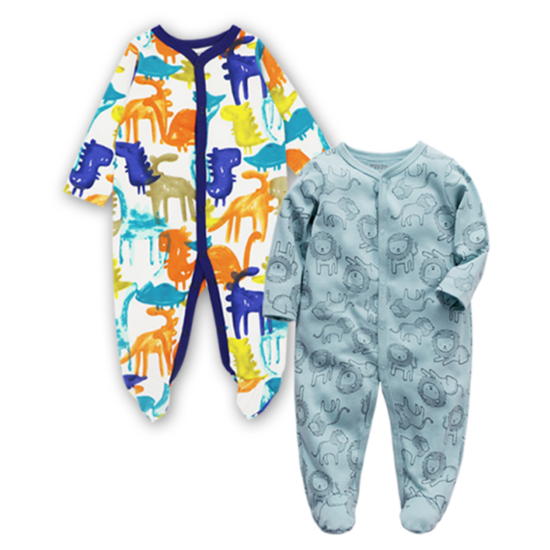 Close-up of a baby boy's long sleeve cotton jumpsuit in blue, featuring button closure detail