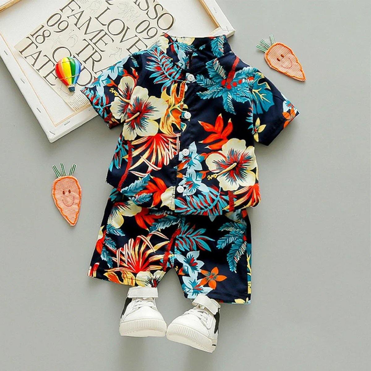 Cute toddler boy floral t-shirt and matching shorts set, ideal for playdates and warm weather.