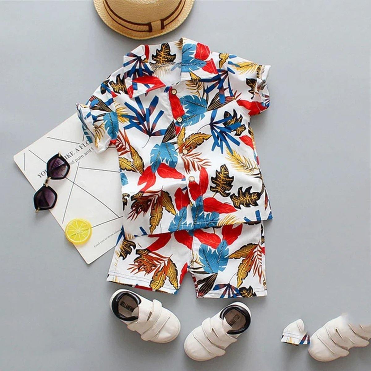 Infant boys' tropical floral tee & coordinating shorts, a comfortable cotton baby clothing set for summer.