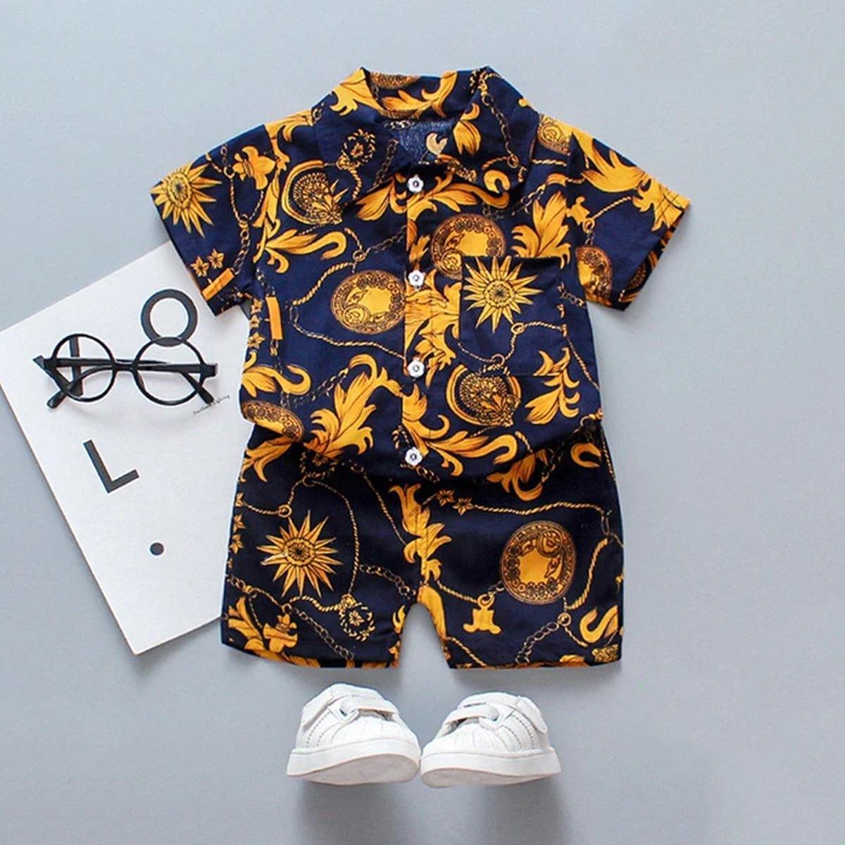 Summer baby boy two-piece outfit: short-sleeve floral t-shirt & pull-on shorts for active toddlers.