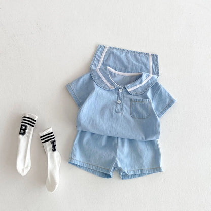 Baby boy in Korean denim sailor collar set, short sleeve top, elastic waist shorts, front view, summer outfit