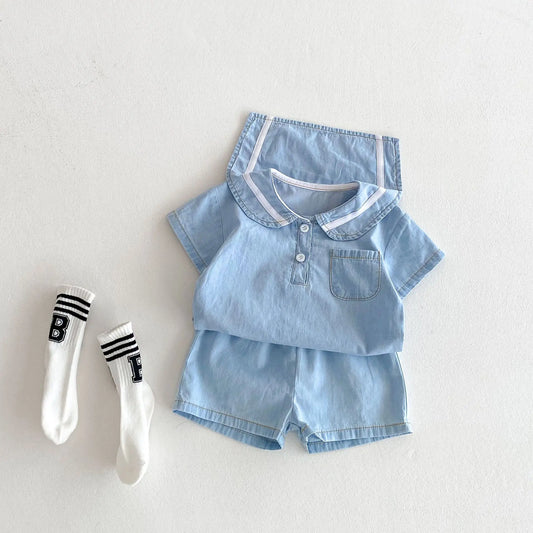 Baby boy in Korean denim sailor collar set, short sleeve top, elastic waist shorts, front view, summer outfit