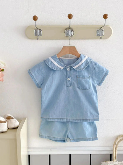 Baby boy's denim sailor collar set, short sleeve top, elastic waist shorts, korean fashion, summer ready