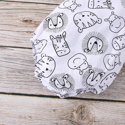 Back view of the baby boy animal print sleeveless jumpsuit, practical and adorable.