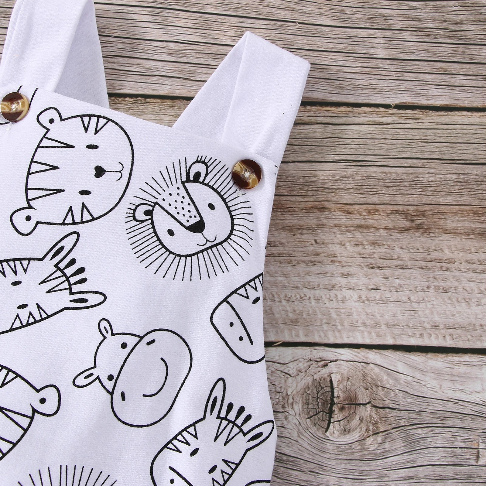 Baby one-piece outfit with an all-over animal print, sleeveless design for warm weather.