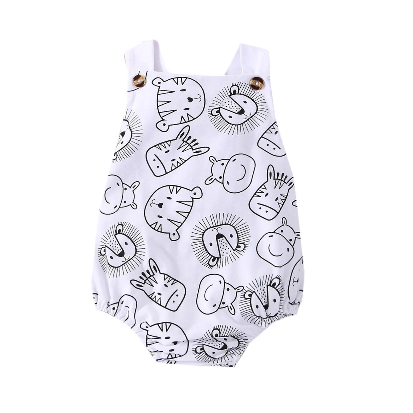 Full view of a baby boy animal print sleeveless romper, ideal for active infants.
