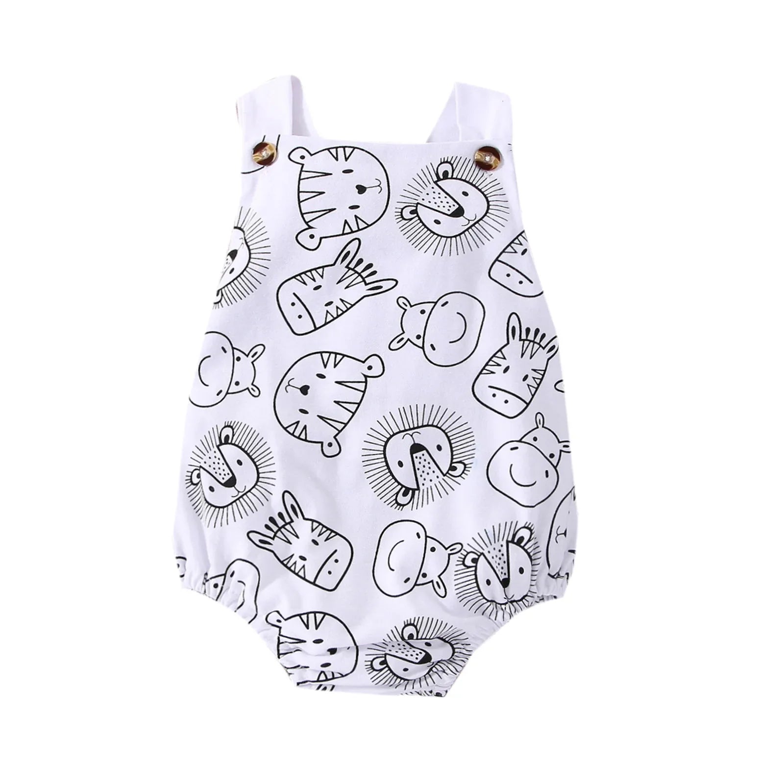 Full view of a baby boy animal print sleeveless romper, ideal for active infants.