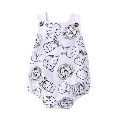 Full view of a baby boy animal print sleeveless romper, ideal for active infants.