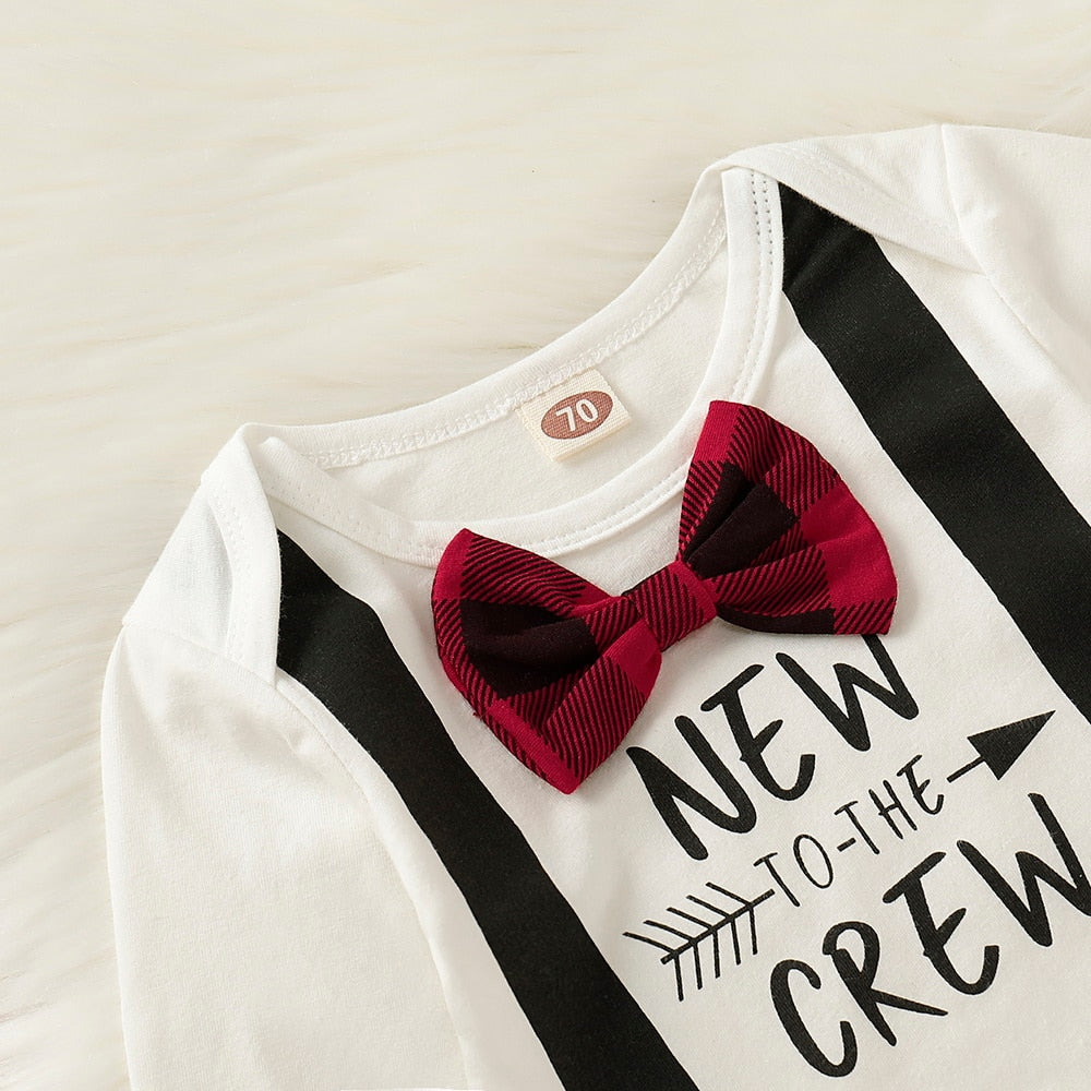 Adorable baby boy bowtie romper outfit with long sleeves and a coordinated hat, stylish and comfortable baby clothing.