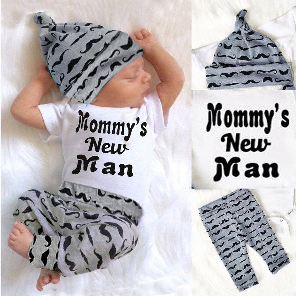 Baby boy 'Mommy's New Man' 3-piece outfit: romper, striped pants, beanie hat, infant clothing set