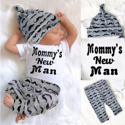 Baby boy 'Mommy's New Man' 3-piece outfit: romper, striped pants, beanie hat, infant clothing set