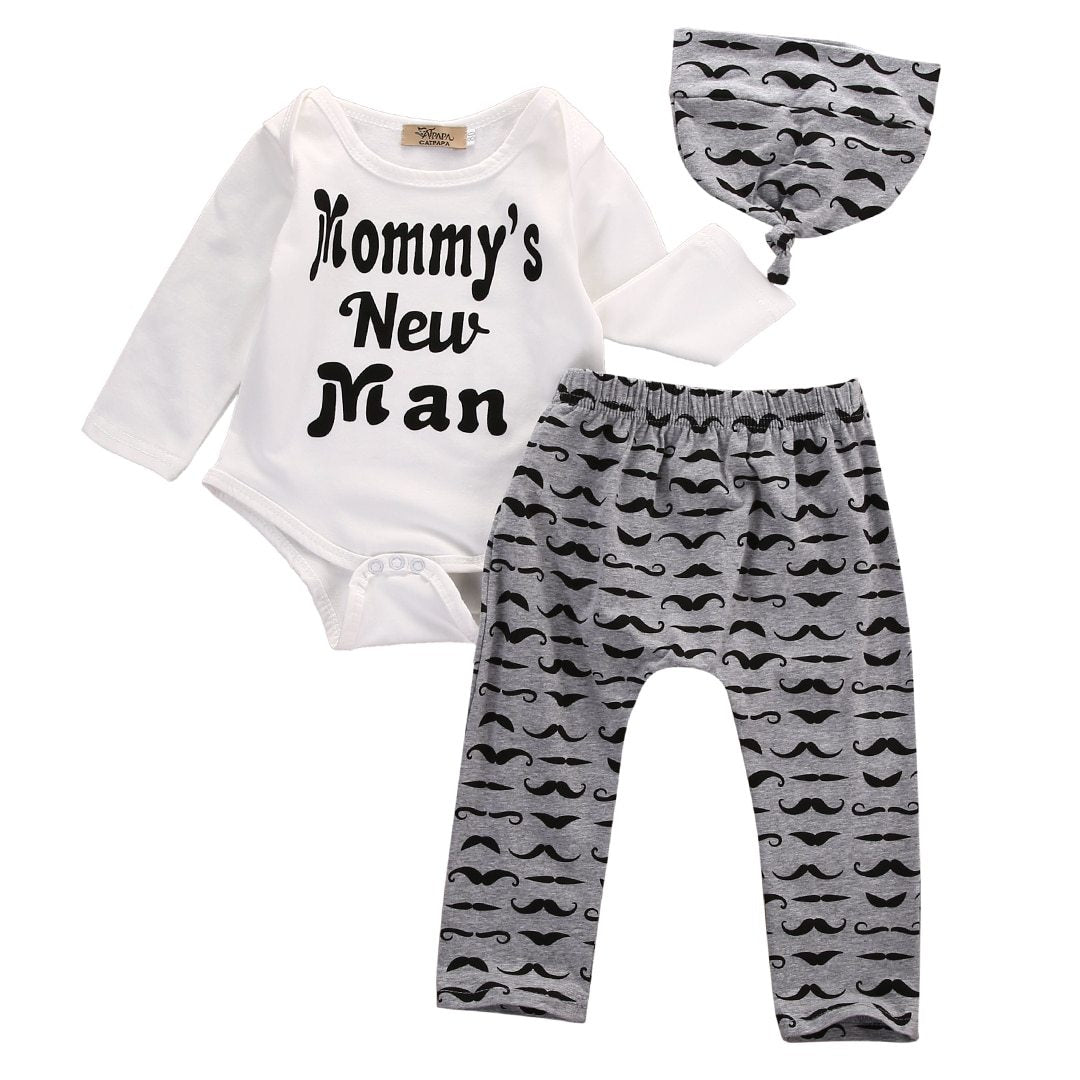 Newborn essentials: baby boy cotton blend romper with 'Mommy's New Man' text, striped pants, matching hat