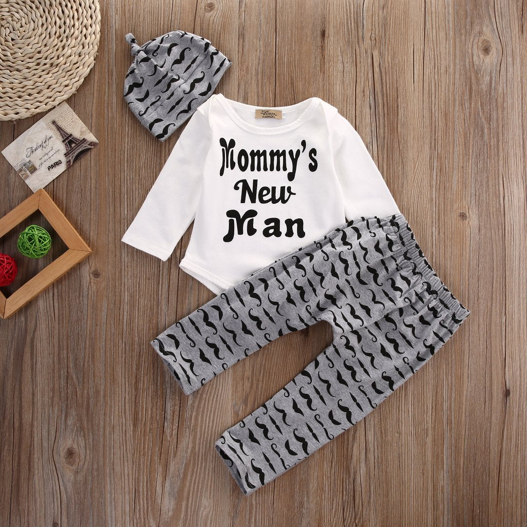 Close-up of 'Mommy's New Man' baby boy romper, part of a 3-piece infant clothes set for newborns