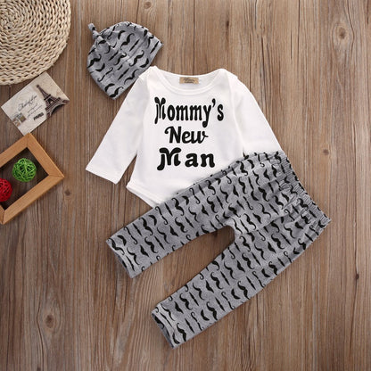 Close-up of 'Mommy's New Man' baby boy romper, part of a 3-piece infant clothes set for newborns