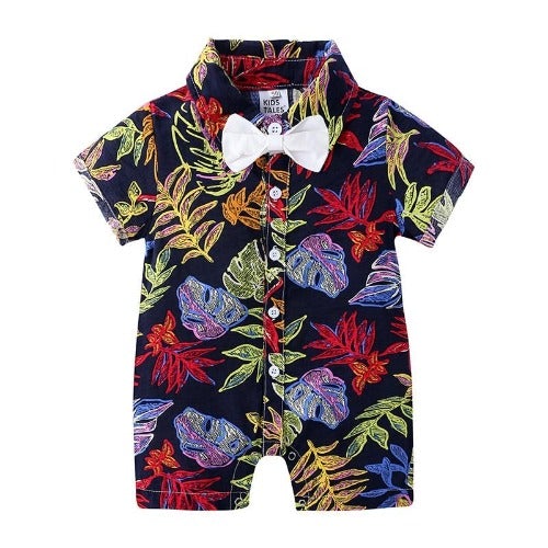 Baby boy romper with green leaf print, short sleeves, and a cute bow tie, perfect for summer.