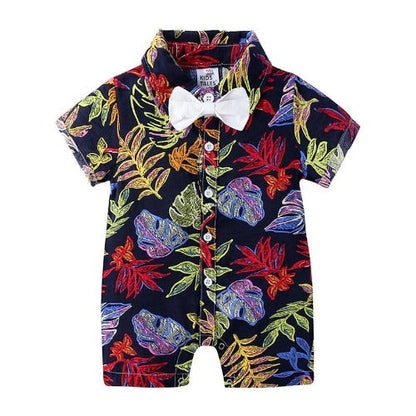 Baby boy romper with green leaf print, short sleeves, and a cute bow tie, perfect for summer.