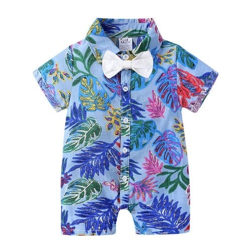 Gentleman baby romper featuring an all-over tropical leaf print and an adorable contrasting bow tie.