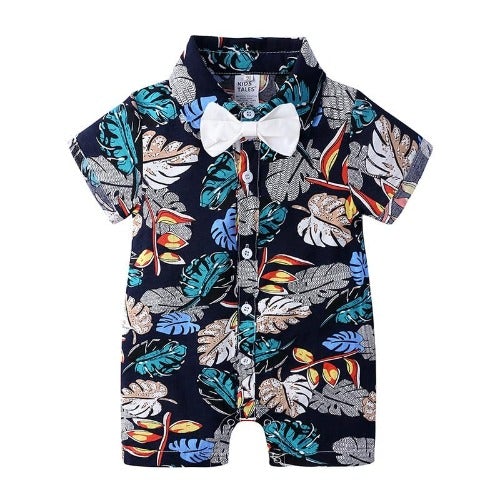 Comfortable baby boy jumpsuit with a vibrant leaf pattern and attached bow tie, ideal for warm weather.